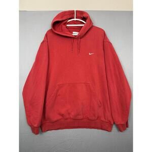 Vintage Nike Red Pullover Sweatshirt Mens XL White Swoosh Hoodie Cotton Hood Y2K